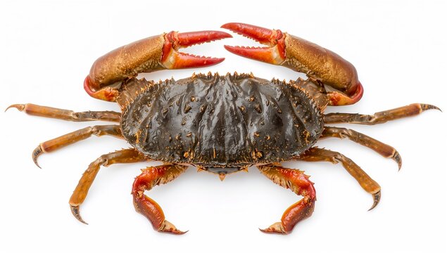 Close-up of a dark brown and red crab with large claws on a white background