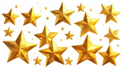 Obraz premium Shiny Golden Stars Scattered on White Background, Festive Decoration Element