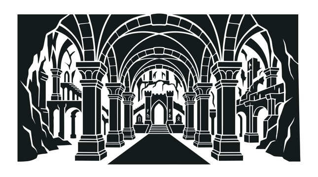 Gothic Archway Hallway with Pillars and Vaulted Ceiling.