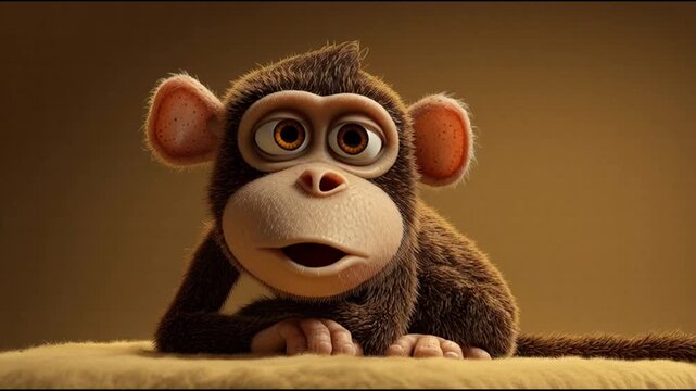 Cute cartoon monkey with big eyes lying down and looking curious in a warm, soft studio setting