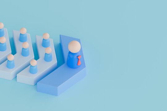 3D rendering of a leading blue figure with a red tie standing on the foremost arrow, guiding follow-up team members on separate white arrows.