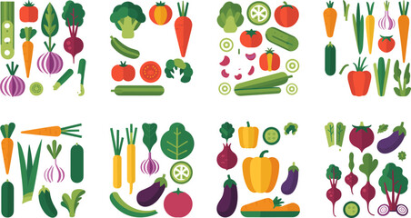 Obraz premium Colorful Fresh Vegetable Collection with Tomato, Carrot, Broccoli, Pepper, Pumpkin, and Greens Flat Design Vector Illustration Set