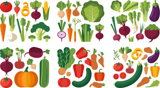 Colorful Fresh Vegetable Collection with Tomato, Carrot, Broccoli, Pepper, Pumpkin, and Greens Flat Design Vector Illustration Set
