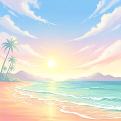 Fototapeta premium Coastal beach scene with palm trees and a vibrant sunset backdrop