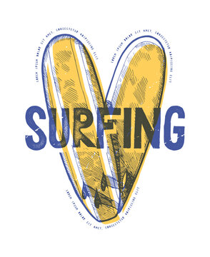 Surfboard Heart. Two surfboards forming a heart shape. Love surfing vintage typography silkscreen t-shirt print vector illustration.