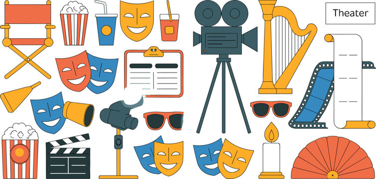 Vintage Theater and Cinema Entertainment Icon Set with Camera, Harp, Clapper, Masks, and Film Flat Design Vector Illustration
