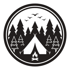 Obraz premium Circular camping emblem featuring a tent campfire pine trees and flying birds graphic illustration icon