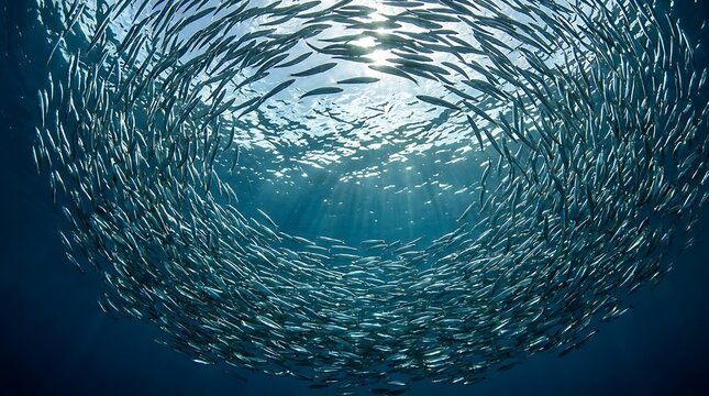 A school of fish swimming in a circle underwater in the ocean with sun rays filtering through the water