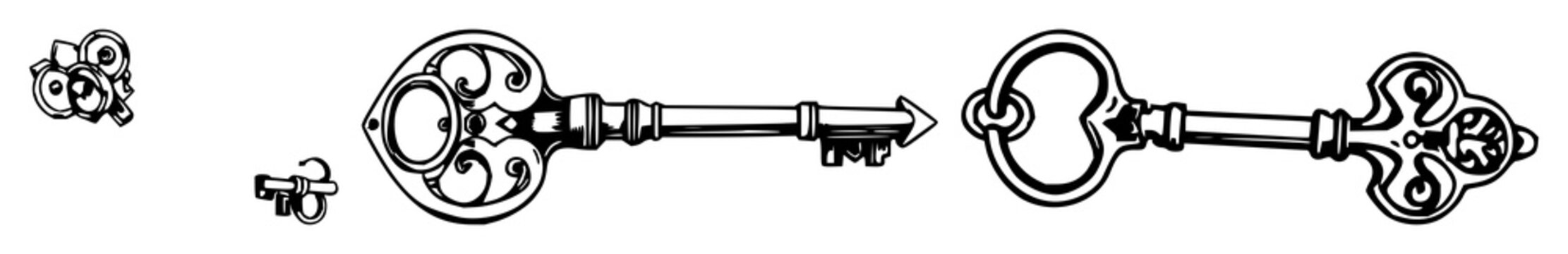 Vintage key set with bold black line art on white background featuring key, lock, antique with illustration and minimalism