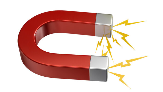 Red horseshoe magnet with silver ends and yellow lightning bolts