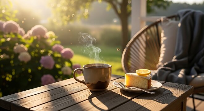 Coffee and cake on a wooden table outdoors with sunshine and foliage