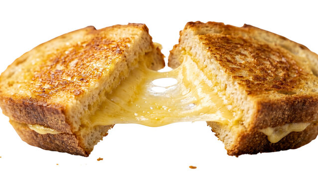 Toasted sourdough bread grilled sandwich with melting stretchy yellow cheddar cheese stretched across center split halves isolated on transparent background showing appetizing crispy golden crust
