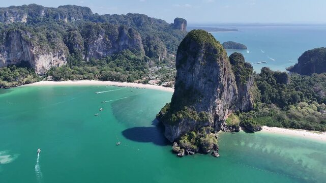 Scenic Aerial Panorama of Railay Beach Coastline and Limestone Islands, Thailand