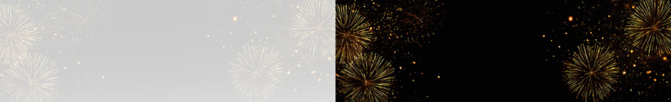 golden fireworks borders exploding in night sky leaving empty center space for festive text new year banner layout