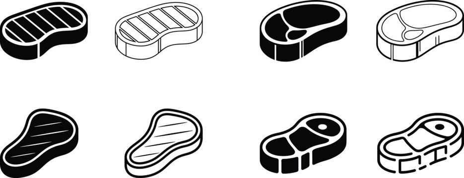 Raw steak and grilled meat silhouettes, beef slice and bbq food outline symbols isolated