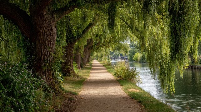 nothingness. Peaceful gravel path along calm canal lined with willow trees in daylight. travel magazines, destination branding, designed for travel destination branding, drives exploration.