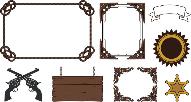 Vintage Western Frame and Decorative Element Collection with Wooden Signs, Cowboy Symbols, Rustic Borders, and Ornamental Vector Illustrations