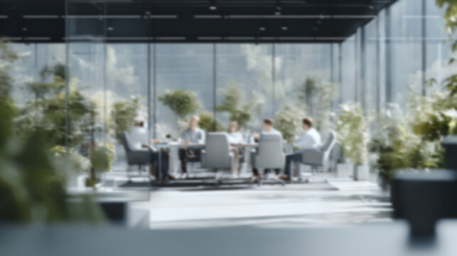 A group of people in a modern office meeting room, surrounded by lush greenery and natural light. The atmosphere is collaborative and professional