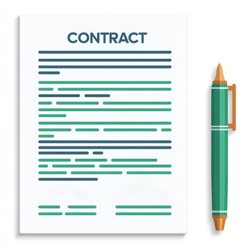 A formal contract document lies open next to a green pen, ready for signing. The contract features lines of text in blue and green, signifying an agreement.
