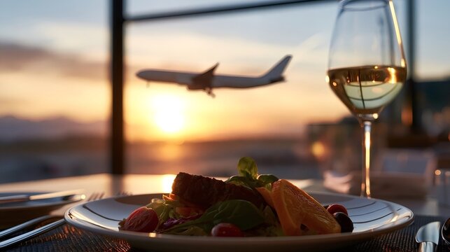 Delicious gourmet meal and glass of white wine on a table in an airport restaurant, sunset sky and airplane framed through a large window for a luxurious travel dining experience