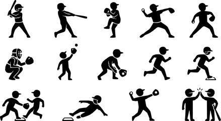 Fototapeta premium Kids Playing Baseball Silhouette Icons – Cute Children Sports Vector Bundle