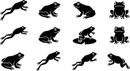 Obraz premium Frog Silhouette Icons – Playful Jumping & Sitting Amphibian Vector Bundle