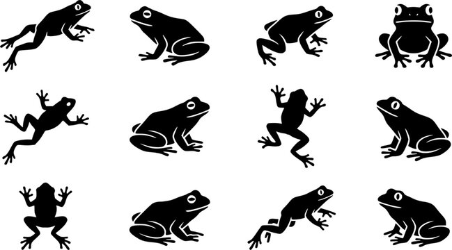 Frog Silhouette Icons &ndash; Playful Jumping & Sitting Amphibian Vector Bundle