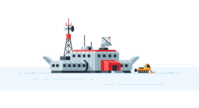 Arctic Research Station and Snowcat Vehicle, Flat Illustration