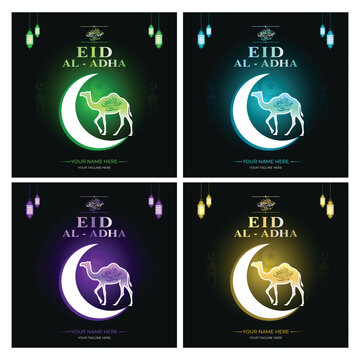 Premium Eid Al Adha Islamic Social Media Post Template with Glowing Crescent Moon and Camel Vector Design