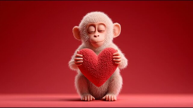 Adorable cartoon monkey holding a fluffy red heart with eyes closed on a vibrant red background, conveying love