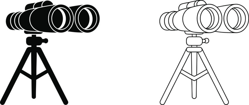 Binocular silhouette on tripod stand, surveillance and spy glass outline symbols isolated