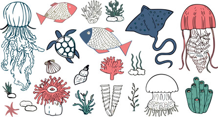 "Hand-drawn Marine Life Collection with Jellyfish, Fish, Turtle, Coral, and Underwater Flora" © Shakhawat