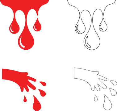 Blood drip and bleeding hand silhouettes, red paint splash and wet hand outline stickers