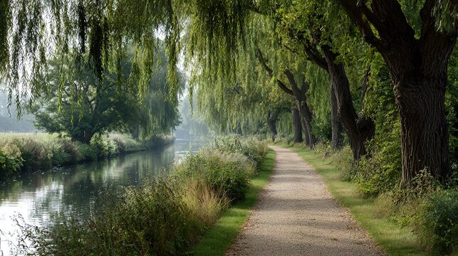 nothingness. Peaceful gravel path along calm canal lined with willow trees in daylight. travel magazines, destination branding, designed for travel destination branding, drives exploration.