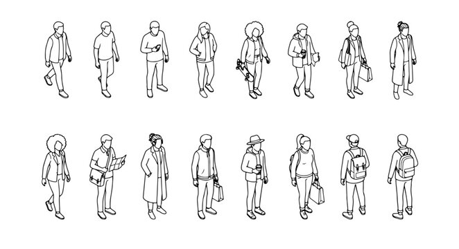 Isometric People Top View Vector Outlines - Walking and Standing Business Casual Figures for Architectural Site Plans and CAD Layouts