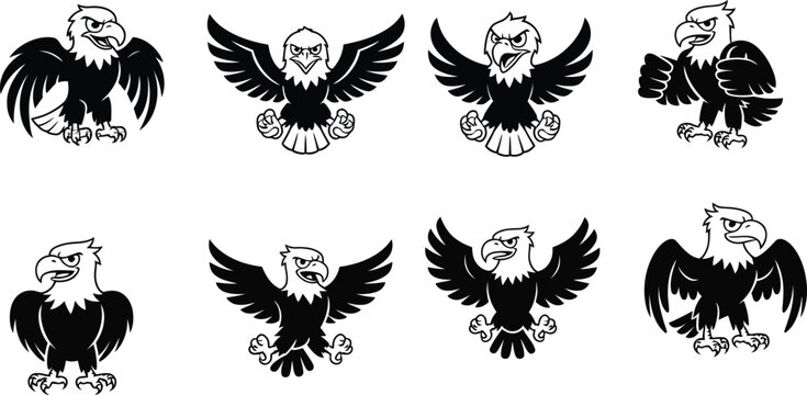 Bald eagle cartoon stickers collection, fierce eagle mascot showing different emotions isolated on white