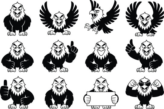 Bald eagle cartoon stickers collection, fierce eagle mascot showing different emotions isolated on white