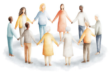 Naklejka premium Diverse Group of People Holding Hands Watercolor Illustration Isolated on White Background