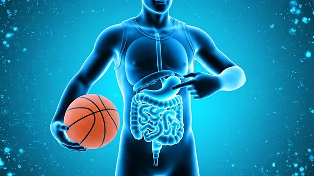 Anatomical illustration of human body holding basketball with internal organs