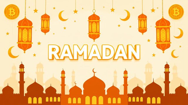 Ramadan illustration festive lanterns crescent moons and gold bitcoin