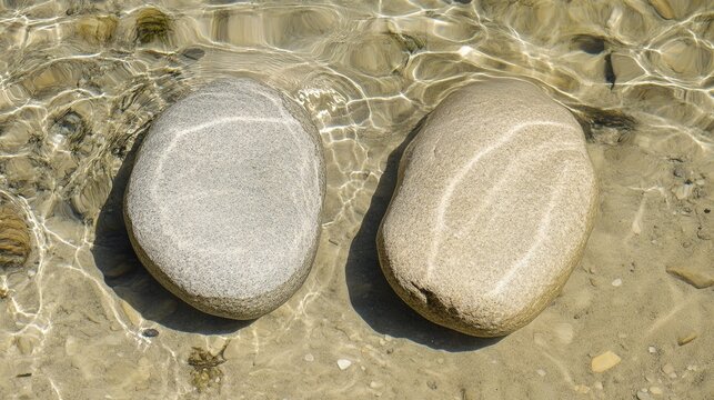 spandrel. Two smooth river stones resting on a sandy stream bed, natural textures. travel magazines, destination branding, designed for travel destination branding, used by management consultants.