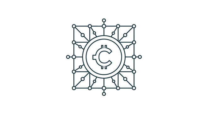 A minimalist line art icon representing a digital currency network structure