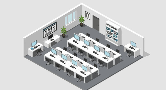 An isometric view of a modern professional office workspace with many computers