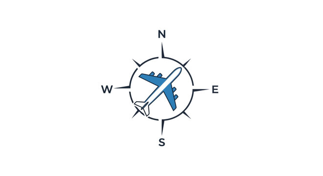 A minimalist icon featuring a blue airplane inside a directional compass rose symbol