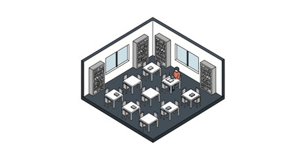 An isometric view of a quiet library room with tables and bookshelves © sedulurmu