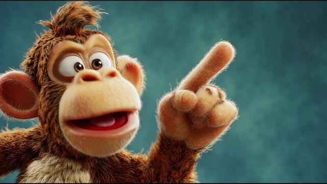 Playful cartoon monkey character pointing with a curious expression, rendered in a fun 3D animation style