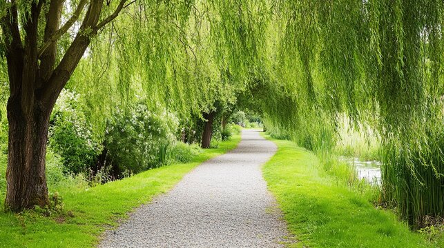 nothingness. Peaceful gravel path along calm canal lined with willow trees in daylight. travel magazines, destination branding, designed for travel destination branding, drives exploration.