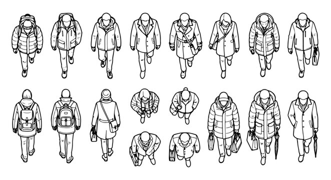 Winter Pedestrian CAD Blocks Top View - Isometric People Outlines in Coats and Jackets for Architectural Site Plans