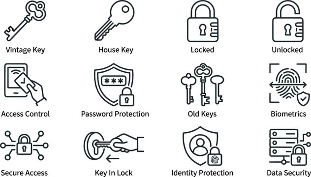 Cybersecurity and digital privacy line icon set network data protection and smart access control line art vector