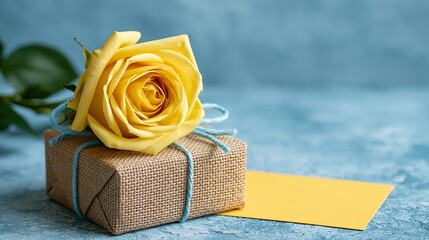 Fototapeta premium Vibrant yellow rose resting on a rustic gift box beside a blank card for special messages